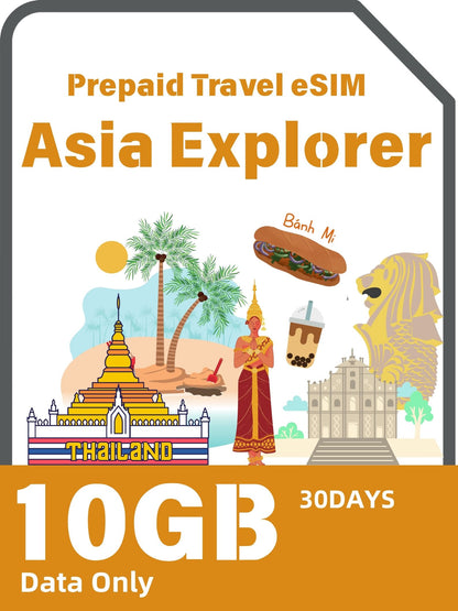 Asia Explorer Prepaid Travel eSIM Card - 10 Destinations