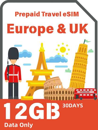 Europe &amp; UK Prepaid Travel eSIM Card - Orange 