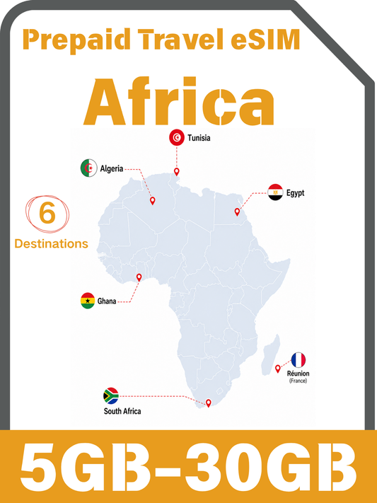 Africa 6 Countries Prepaid Travel eSIM｜Algeria, Tunisia, Réunion, Ghana, Egypt & South Africa