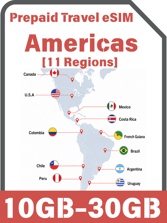 Americas 11 Regions Prepaid Travel eSIM｜USA, Canada, Mexico, Brazil, Argentina, Chile, Peru, Colombia & More