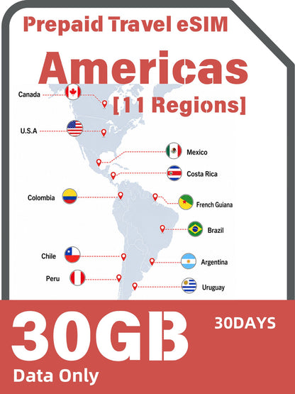 Americas 11 Regions Prepaid Travel eSIM｜USA, Canada, Mexico, Brazil, Argentina, Chile, Peru, Colombia & More