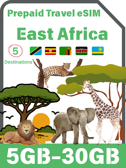 East Africa 5 Countries Prepaid Travel eSIM｜Tanzania, Uganda, Zambia, Rwanda & Kenya