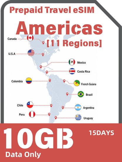 Americas 11 Regions Prepaid Travel eSIM｜USA, Canada, Mexico, Brazil, Argentina, Chile, Peru, Colombia & More