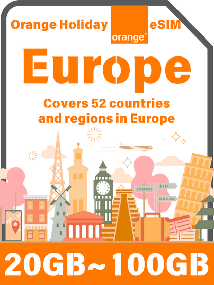 Orange Holiday Europe eSIM – 30-Day Plans with Calls & SMS | 20/50/100GB