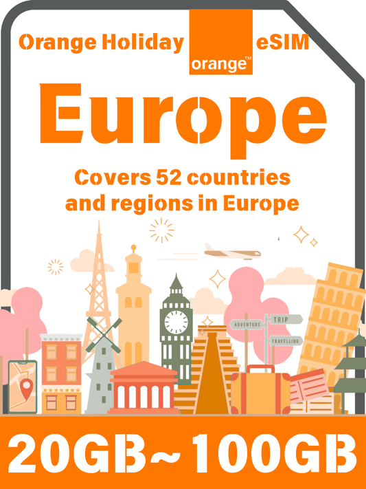 Orange Holiday Europe eSIM – 30-Day Plans with Calls & SMS | 20/50/100GB