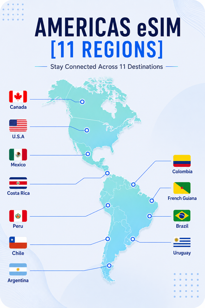Americas 11 Regions Prepaid Travel eSIM｜USA, Canada, Mexico, Brazil, Argentina, Chile, Peru, Colombia & More