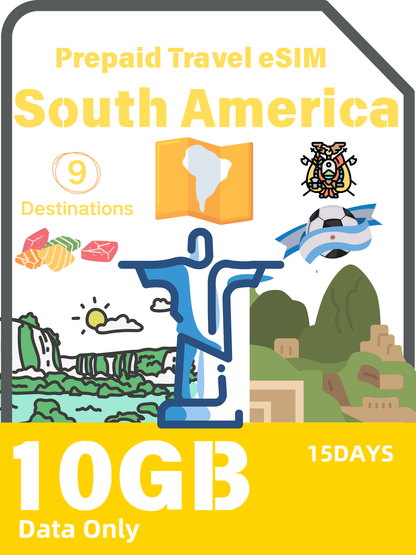 South America 9 Destinations Prepaid Travel eSIM Card