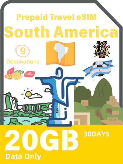 South America 9 Destinations Prepaid Travel eSIM Card